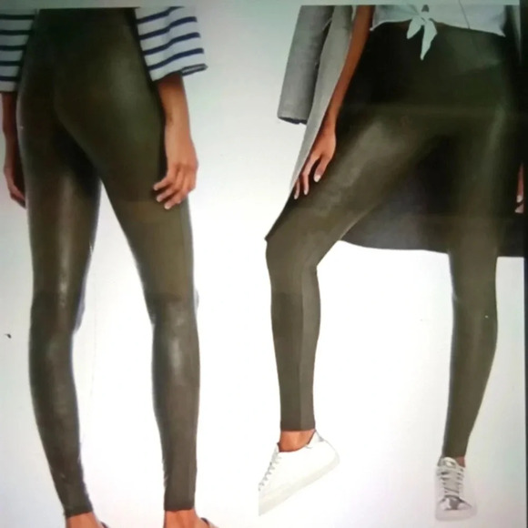 Spanx faux leather croc print leggings olive green women's size Medium - Picture 2 of 9